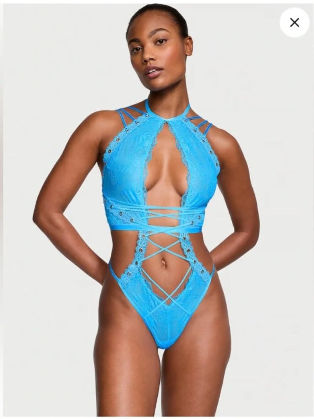 Victoria Secret Teddy Bodysuit High-Neck Lace & Grommet Strappy Size Small